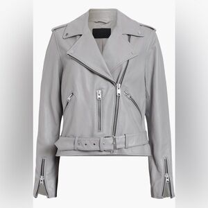 NWT All Saints Balfern Belted Leather Biker Jacket Size US 2 in Ultimate Grey